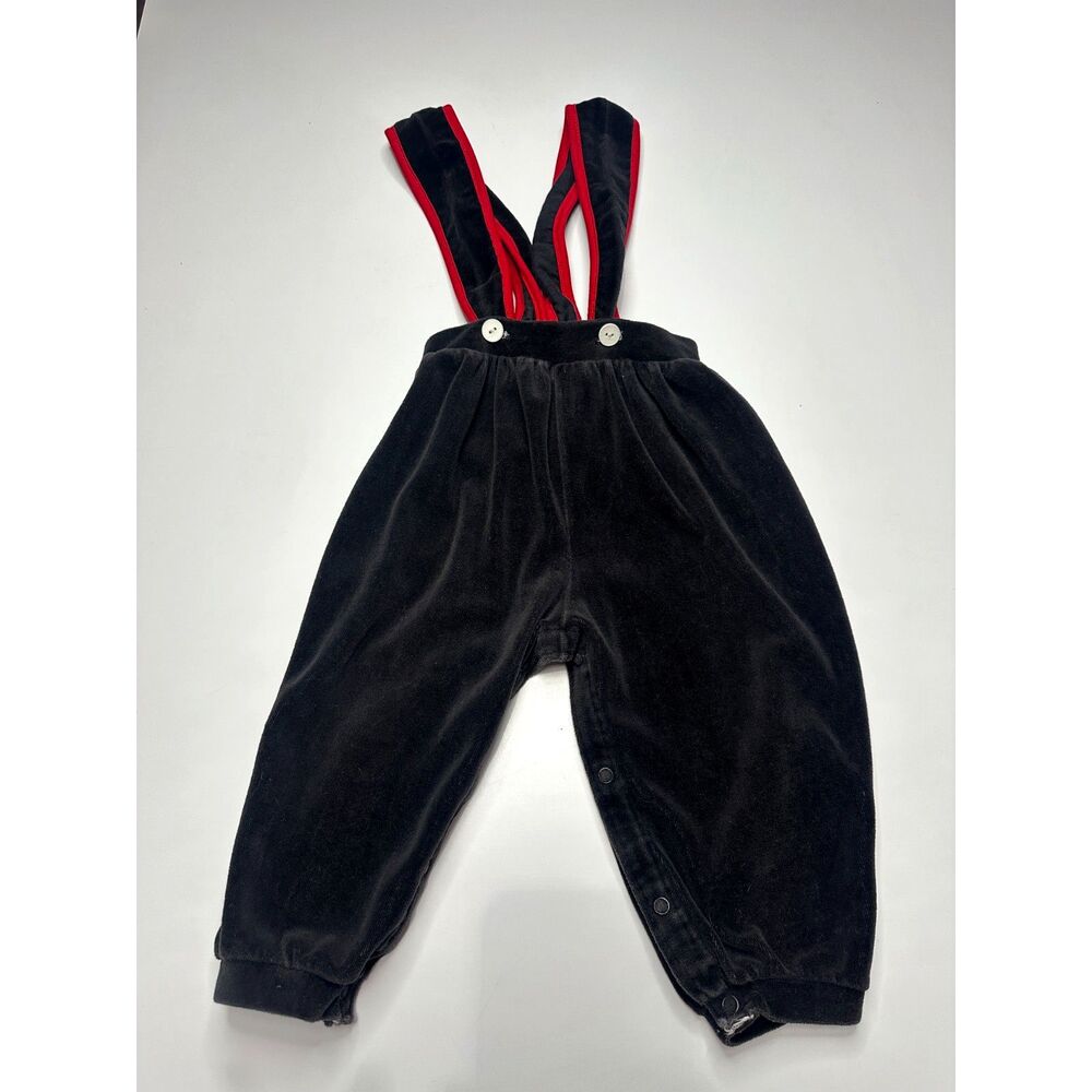 Vintage Baby Dior Black Velour Overalls Red Trim 18 months